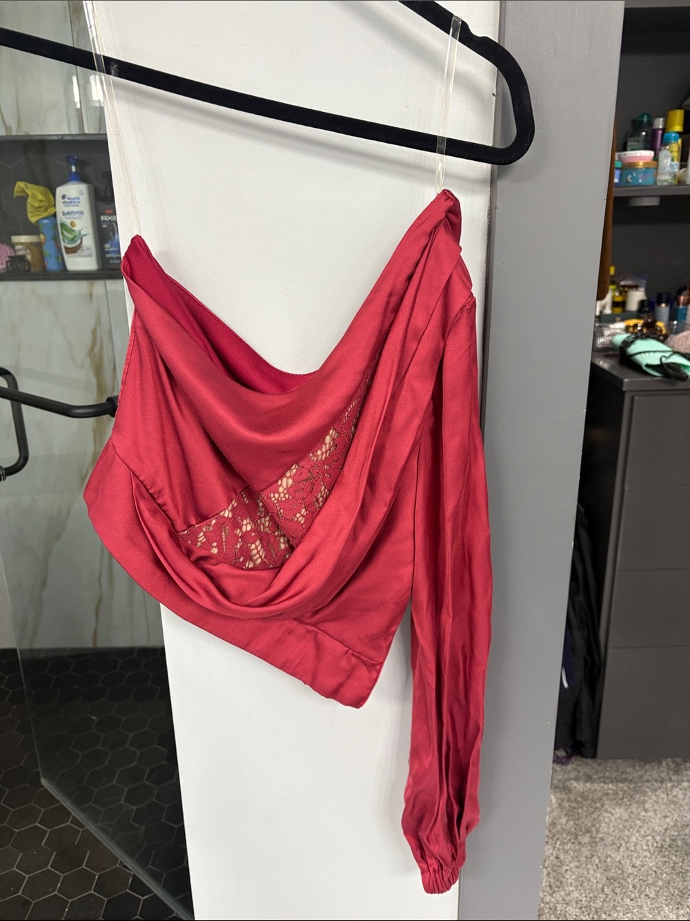 DO+BE Red Draped One-Shoulder Lace Accent Blouse